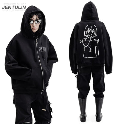 Black jentulin zipper hooded oversized hoodie with white pray graphic print streetwear jacket y2k style clothing
