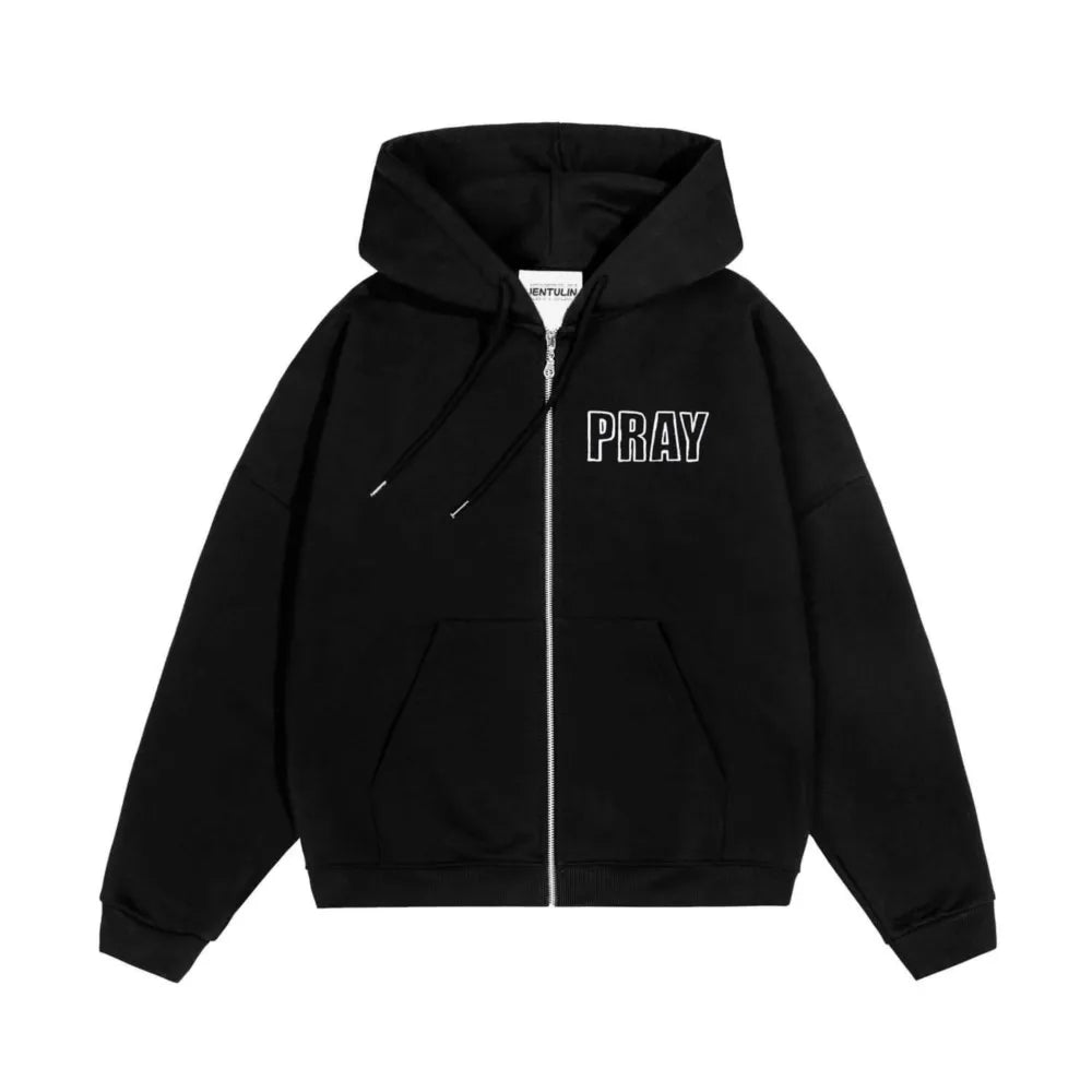 Black zip-up hoodie with white pray graphic lettering designed as a zipper hooded oversized streetwear jacket y2k style