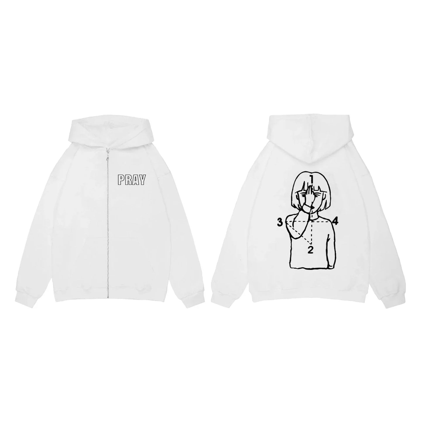 White zipper hooded oversized hoodie pray graphic with minimalist anime girl line drawing on back streetwear jacket y2k
