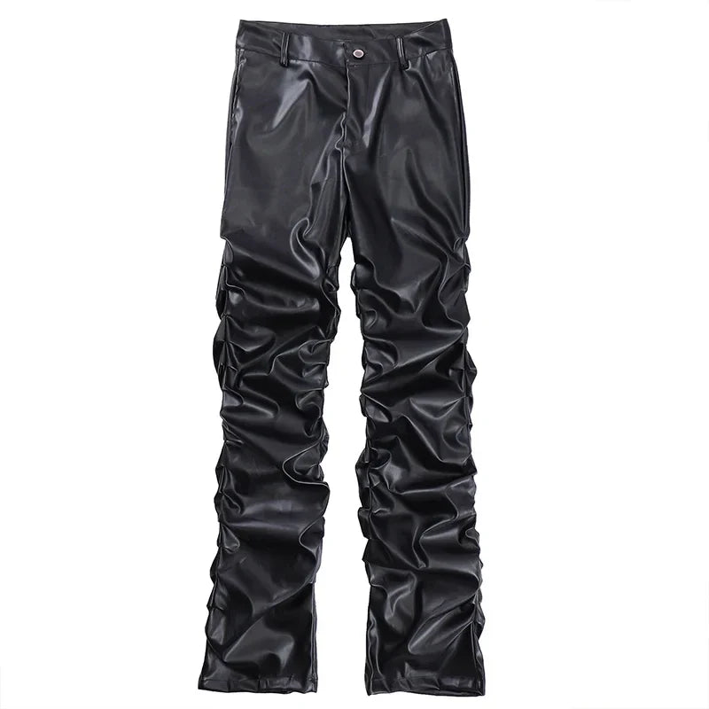 Black faux leather pants with ruched detailing down the sides hip hop mens pleated casual streetwear trousers