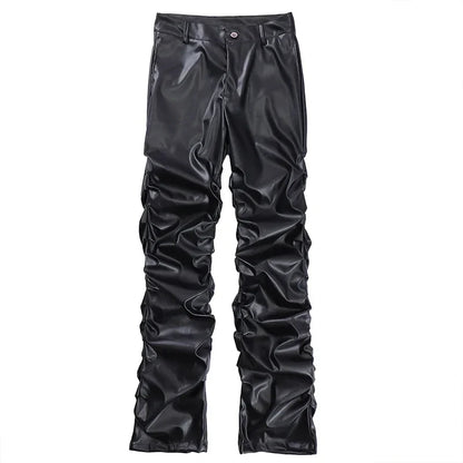 Black faux leather pants with ruched detailing down the sides hip hop mens pleated casual streetwear trousers