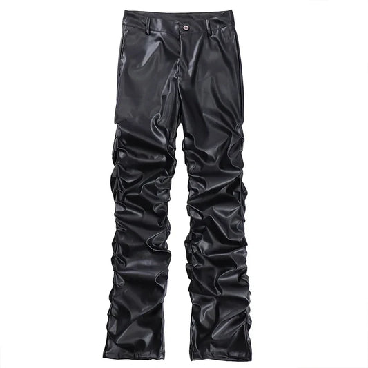 Black faux leather pants with ruched detailing down the sides hip hop mens pleated casual streetwear trousers
