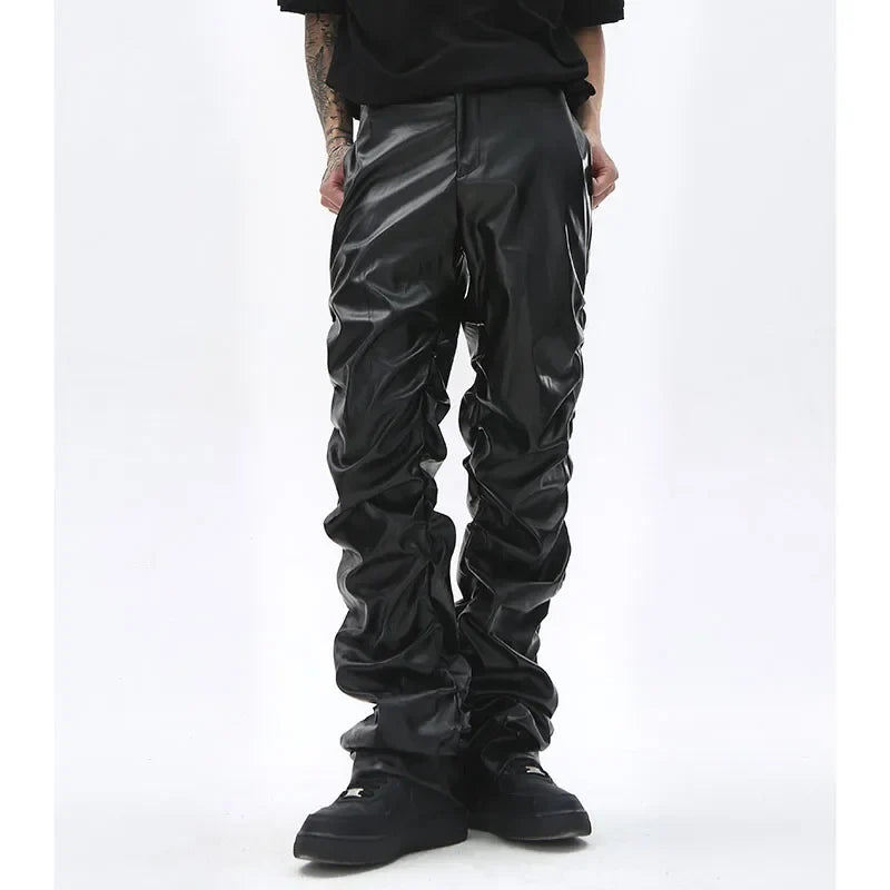Black glossy faux leather hip hop mens pants with ruched tapered design for casual streetwear use