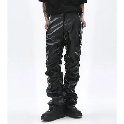 Black glossy faux leather hip hop mens pants with ruched tapered design for casual streetwear use