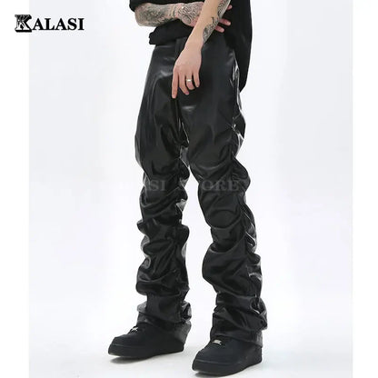 Black glossy faux leather hip hop pants with ruched detailing and pleats for casual streetwear use