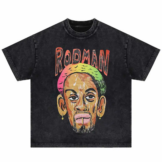 Black distressed cotton vintage cotton streetwear oversized dennis rodman portrait graphic printed t-shirt for men