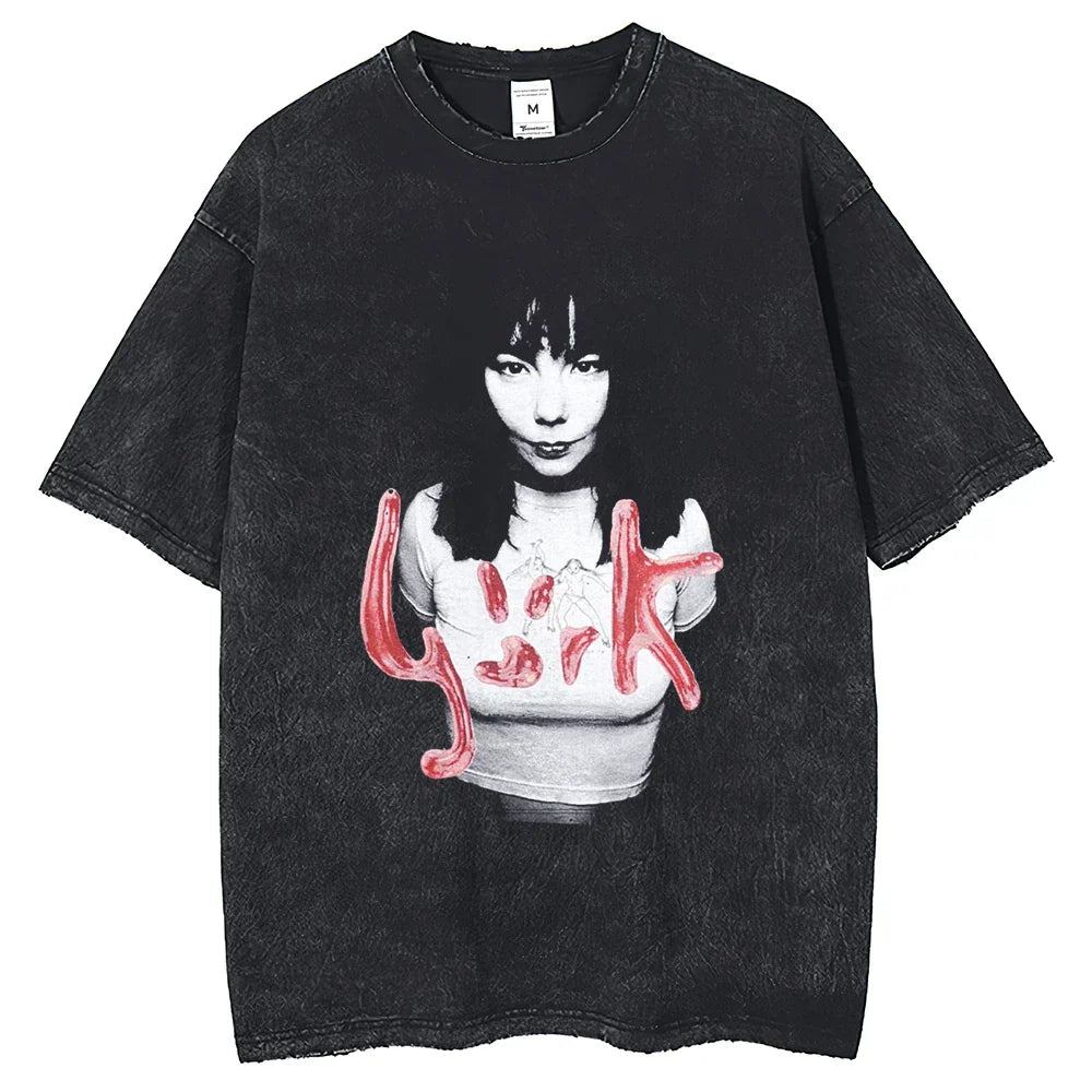 Black distressed cotton hip hop t shirt with oversize portrait print and bold red graffiti fashion street wear design