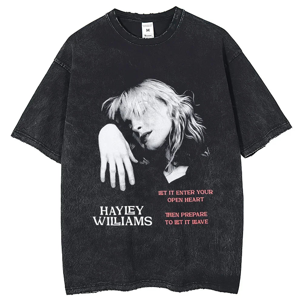 Black distressed cotton t-shirt with oversize portrait print of Hayley Williams and pink and white text retro short sleeve fashion street wear