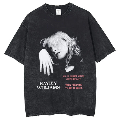 Black distressed cotton t-shirt with oversize portrait print of Hayley Williams and pink and white text retro short sleeve fashion street wear