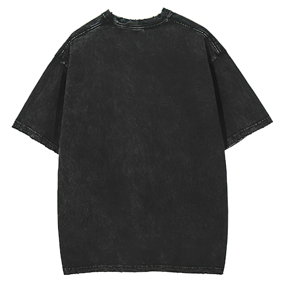 Black distressed cotton oversize portrait print t-shirt with relaxed fit frayed hem for fashion street wear