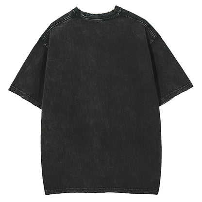 Black distressed cotton oversize portrait print t-shirt with relaxed fit frayed hem for fashion street wear