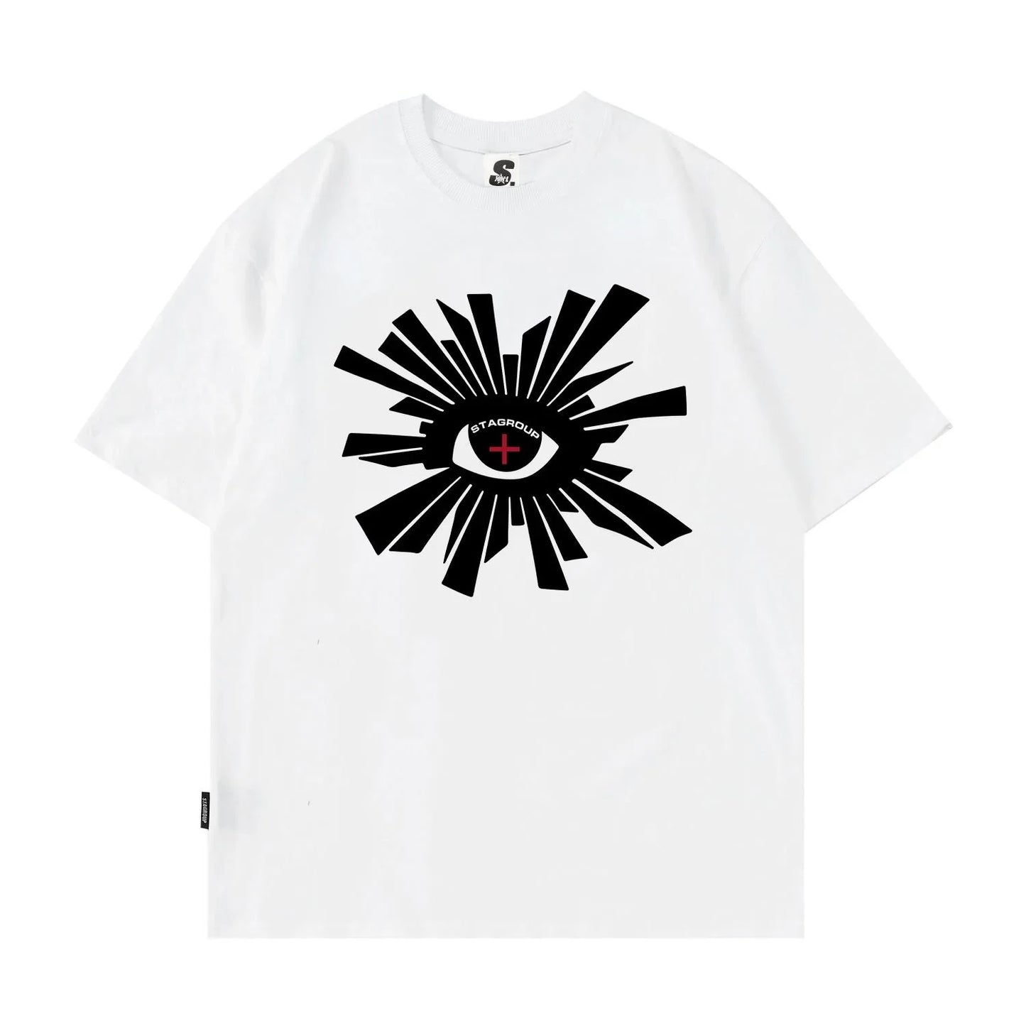 White 100 percent cotton hip hop men’s y2k graphic t-shirt with eye design stagroup print and sleeve 23cm length
