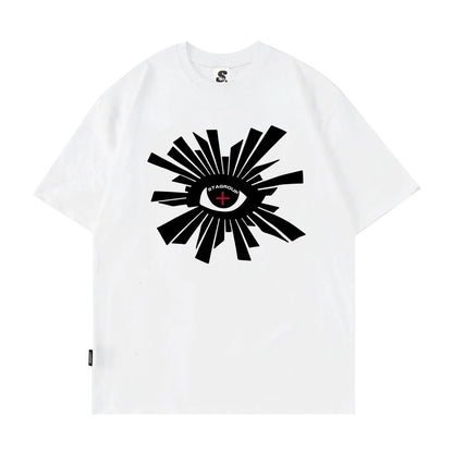 White 100 percent cotton hip hop men’s y2k graphic t-shirt with eye design stagroup print and sleeve 23cm length