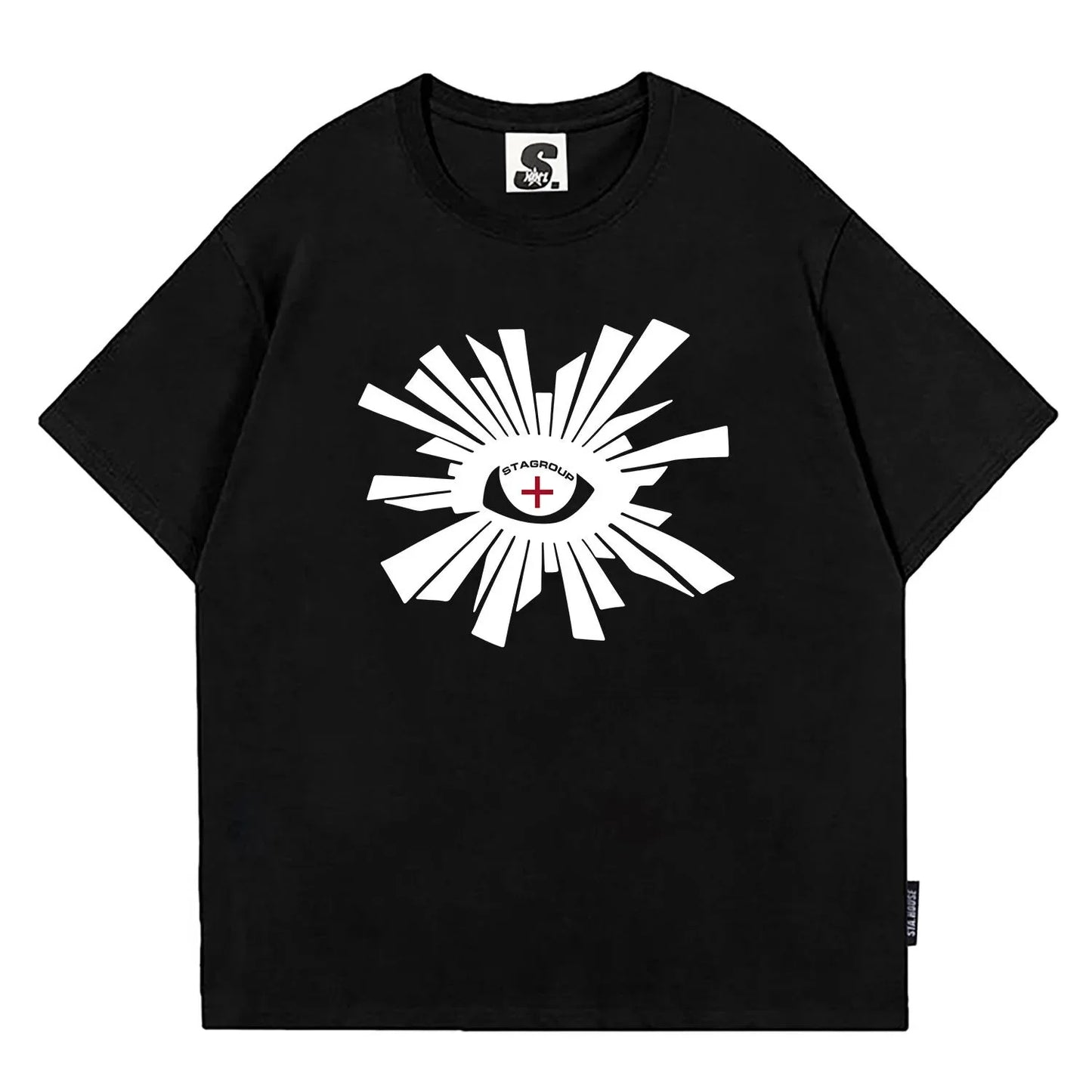 Black short-sleeved 24cm sleeve hip hop men’s Y2K graphic t-shirt 100% cotton with bold white eye design stagrous print