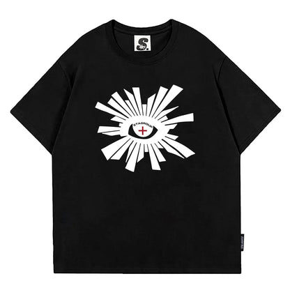 Black short-sleeved 24cm sleeve hip hop men’s Y2K graphic t-shirt 100% cotton with bold white eye design stagrous print