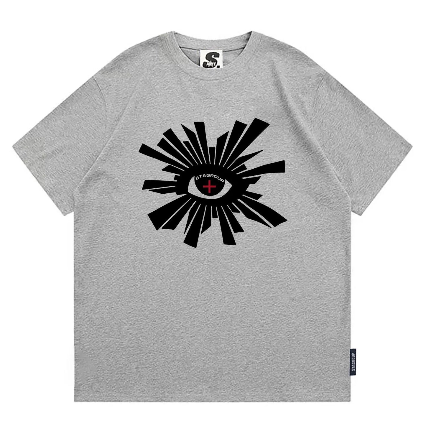 Gray heathered cotton hip hop t-shirt with bold eye graphic and stagroup print featuring sleeve 22cm to 24cm options