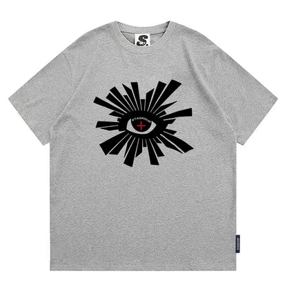 Gray heathered cotton hip hop t-shirt with bold eye graphic and stagroup print featuring sleeve 22cm to 24cm options