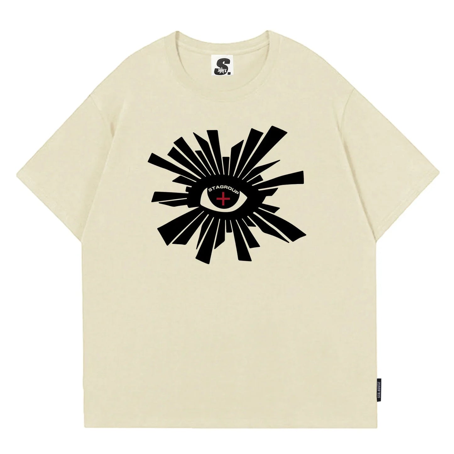 Cream-colored hip hop men’s Y2K graphic t-shirt with black eye print stagroup logo 100% cotton sleeve 22cm 23cm 24cm