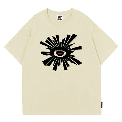 Cream-colored hip hop men’s Y2K graphic t-shirt with black eye print stagroup logo 100% cotton sleeve 22cm 23cm 24cm