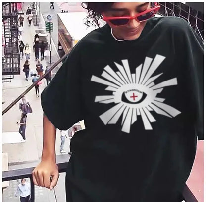 Black oversized hip hop t shirt with white eye graphic and stabrou text 100 percent cotton sleeve 22cm to 24cm