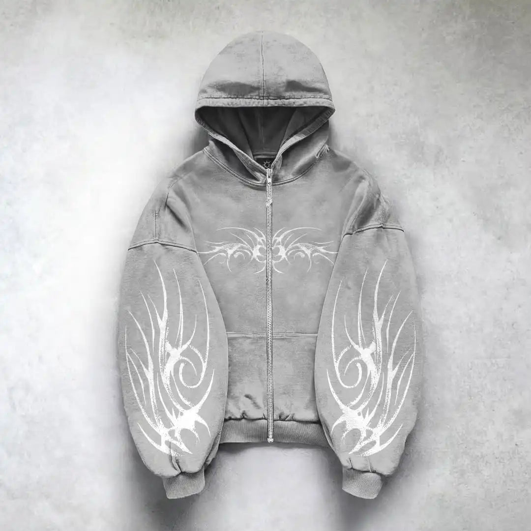 Gray mens zipper hoodie featuring white tribal wing print pattern y2k gothic harajuku design on sleeves and chest