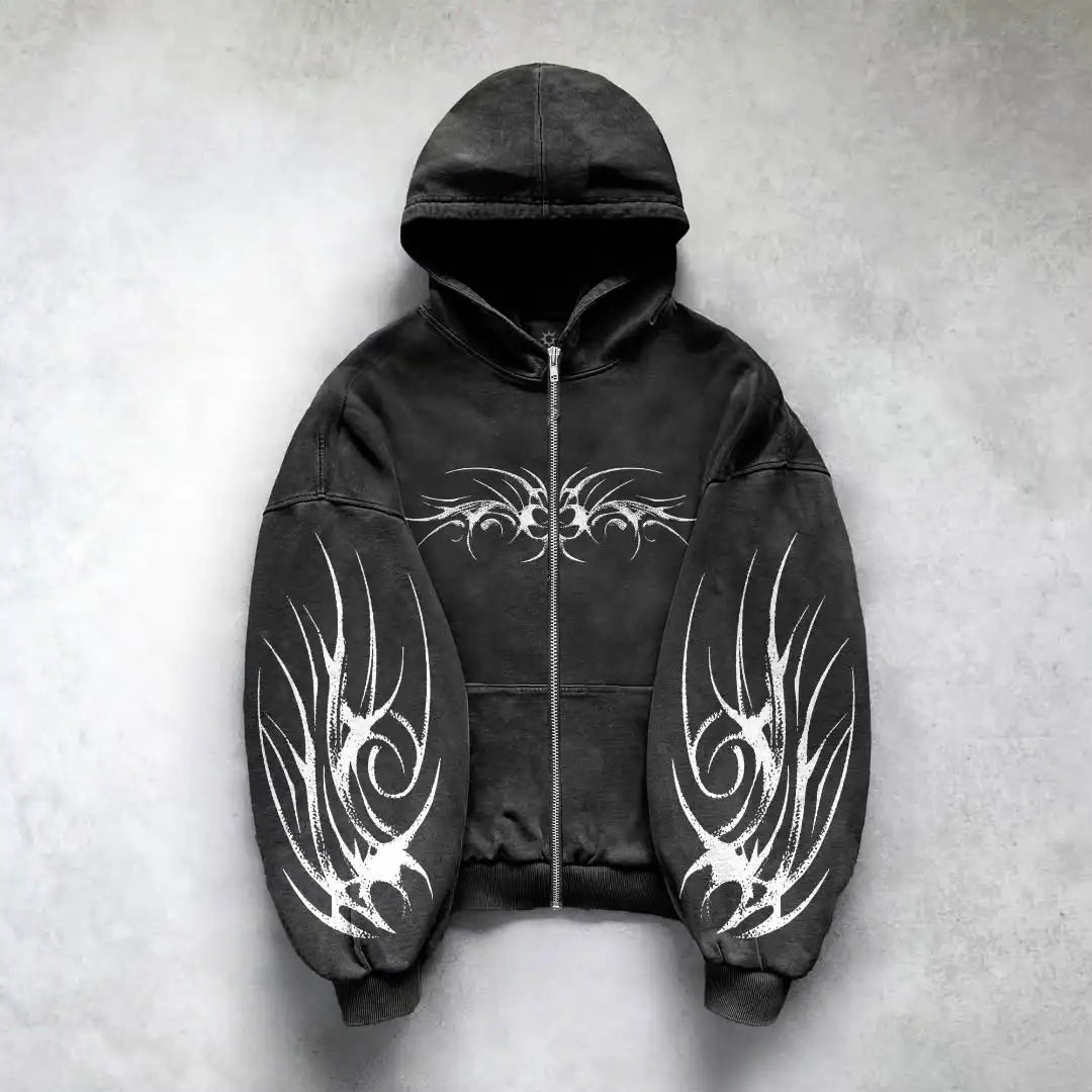 Black mens zipper hoodie with white tribal-style wing print pattern y2k gothic harajuku design on sleeves and chest