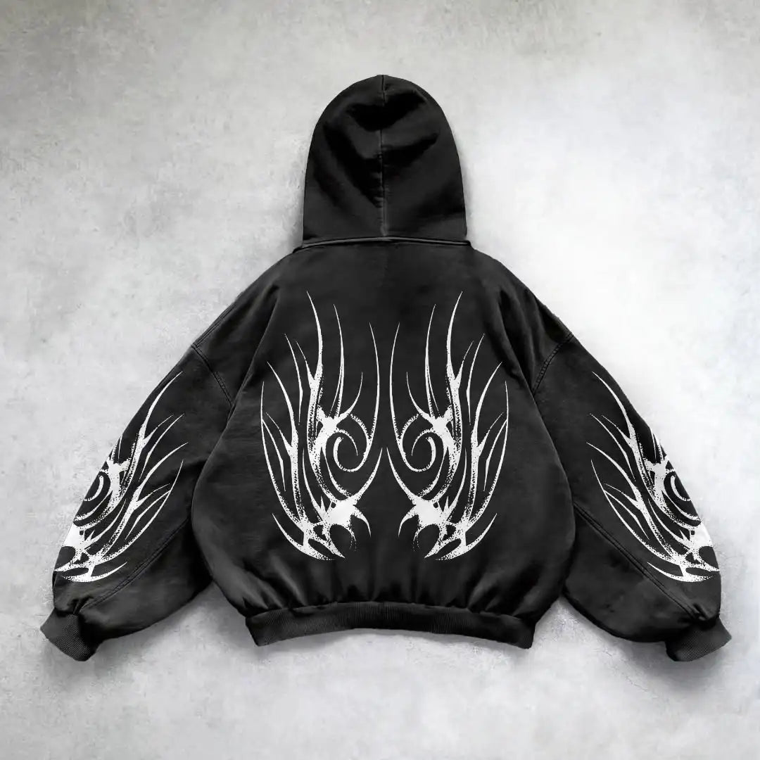 Back of black mens zipper hoodie featuring bold white tribal wing print pattern y2k gothic harajuku design