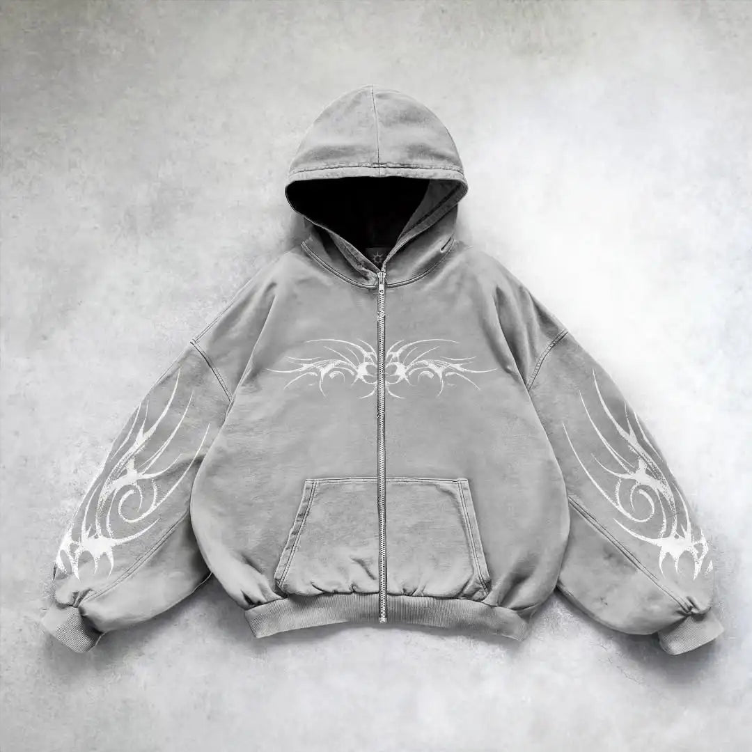 Mens zipper hoodie in gray with white tribal wing print pattern y2k gothic harajuku style and black-lined hood