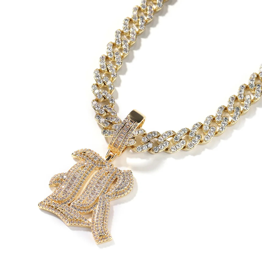 Gold-colored chain necklace with large diamond-encrusted single cz letter pendant men rapper jewelry cubic zirconia bling