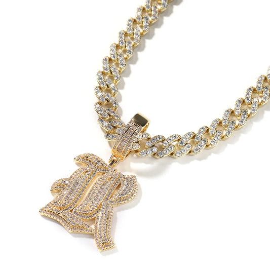 Gold-colored chain necklace with large diamond-encrusted single cz letter pendant men rapper jewelry cubic zirconia bling