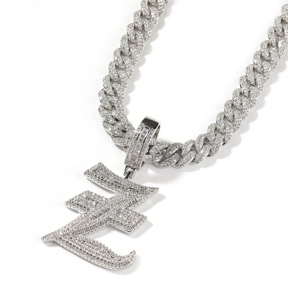 Silver cubic zirconia bling single cz letter pendant z on matching chain men rapper jewelry accessory