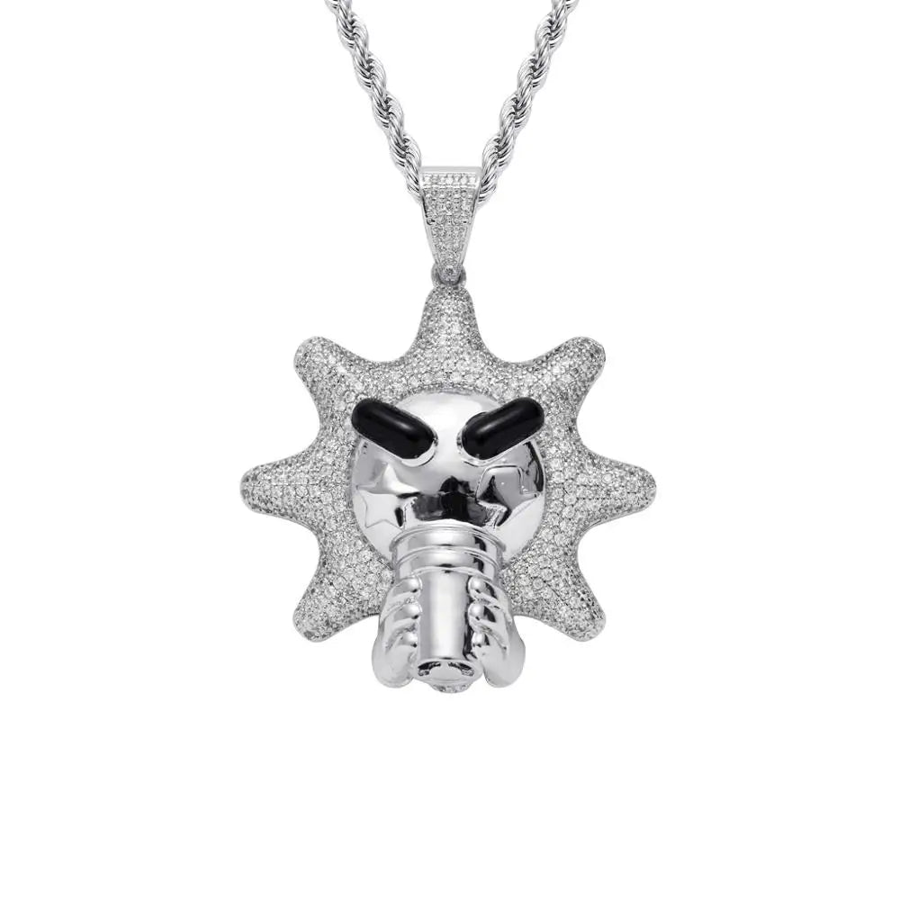 Silver ice-iced pendant men rapper jewelry featuring a skull with black eyes holding a mic sun pendants necklace cubic zirconia bling