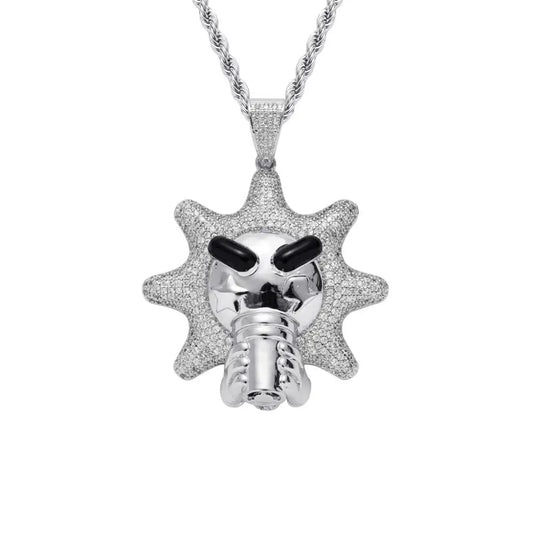 Silver ice-iced pendant men rapper jewelry featuring a skull with black eyes holding a mic sun pendants necklace cubic zirconia bling