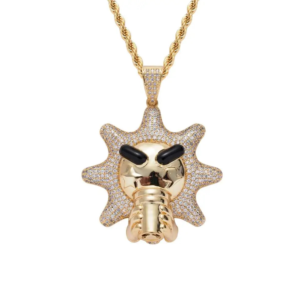 Gold-colored men rapper jewelry sun pendants necklace featuring cubic zirconia bling and a microphone design pendant
