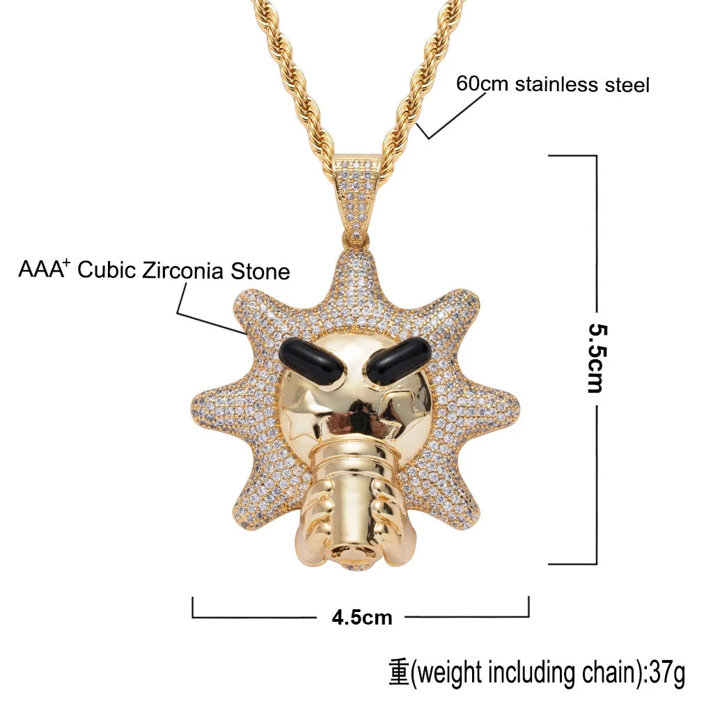 Gold-colored hip hop men rapper jewelry sun pendants necklace with cartoon sun face and aaa+ cubic zirconia bling stones