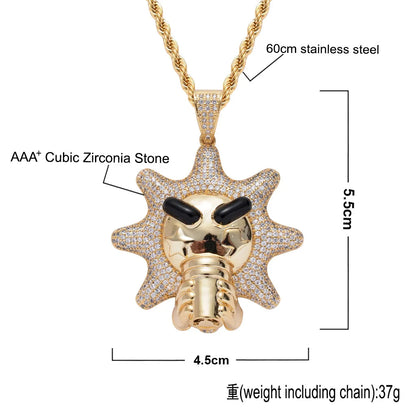 Gold-colored hip hop men rapper jewelry sun pendants necklace with cartoon sun face and aaa+ cubic zirconia bling stones
