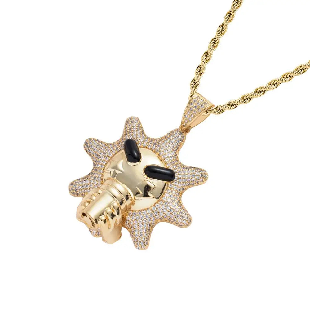 Gold color men rapper jewelry sun pendants necklace with microphone design cubic zirconia bling and black onyx accents