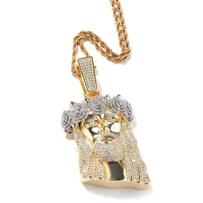 Gold and silver flower hat jesus pendant with cubic zirconia bling on a gold rope chain men rapper jewelry