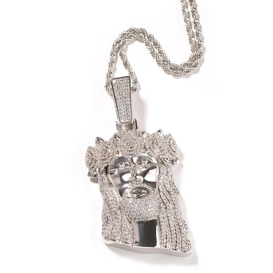 Silver ice cube jesus face pendant with cubic zirconia bling and braided chain men rapper jewelry flower hat jesus