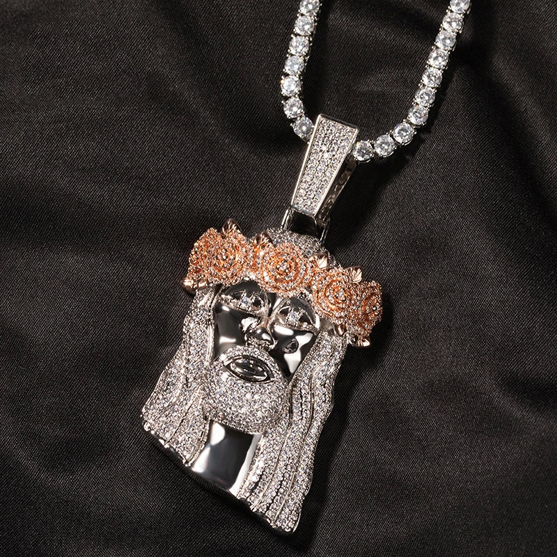 Iced-out flower hat jesus pendant for men rapper jewelry with rose gold crown and silver cubic zirconia bling chain