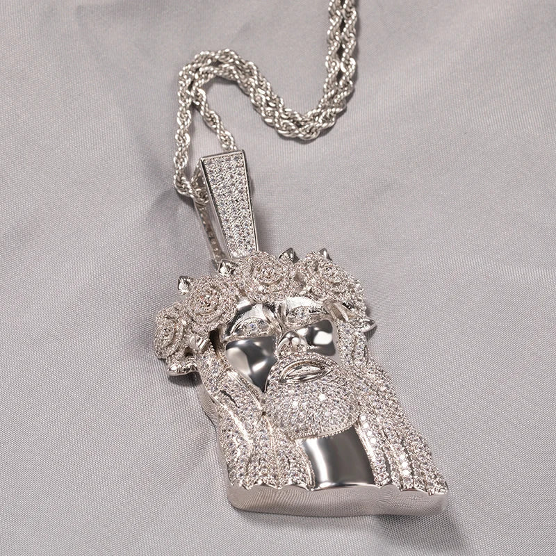 Silver jesus face pendant with intricate cubic zirconia bling and matching braided chain men rapper jewelry flower hat jesus