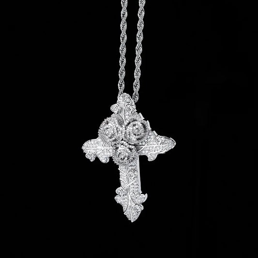 Silver cross pendant necklace with micro paved aaa cubic zirconia floral detailing for men rapper jewelry