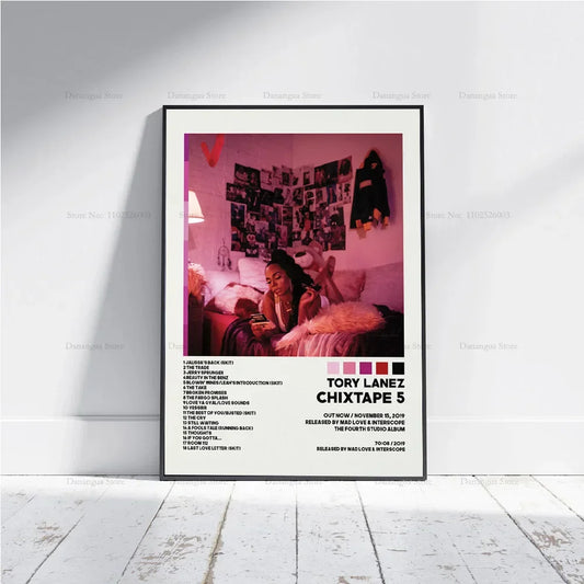 A framed hop music album cover with pink tones featuring tory lanez on a prom chixtape poster wall art canvas