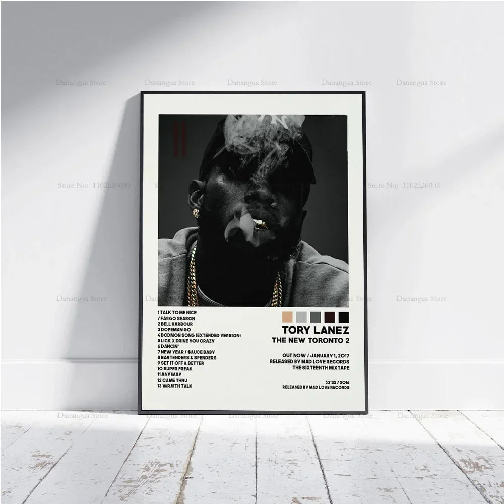 Black and white framed hip hop music album wall art canvas featuring tory lanez prom chixtape poster smoking portrait