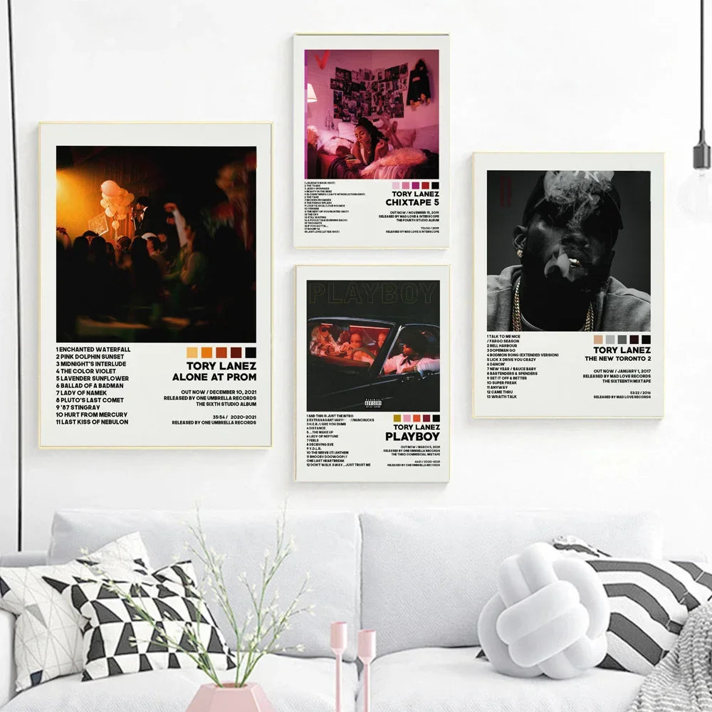 Four framed tory lanez hop music album cover prints with distinct colors as prom chixtape poster wall art canvas decor