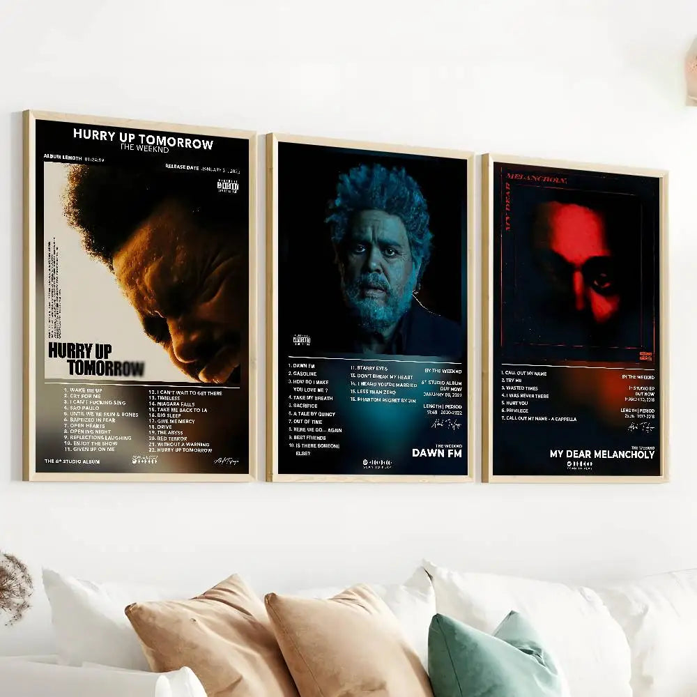 Three framed the weeknd poster gallery prints with distinct artwork as adhesive home decor wall decals for living room