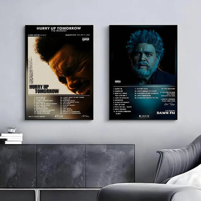 Two framed poster gallery prints of the weeknd album art as adhesive home decor for hip hop music hot living room walls