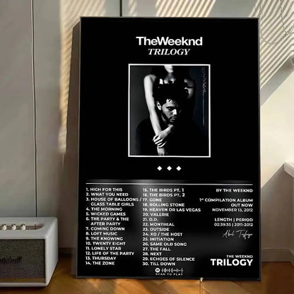 Black framed hip hop music hot poster gallery prints featuring the weeknd trilogy tracklist and adhesive home decor design