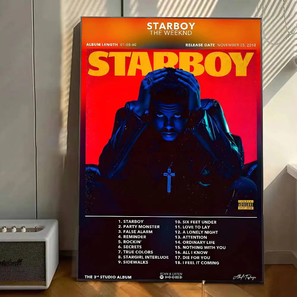 Vibrant red and orange starboy poster gallery prints with adhesive home decor and decoration wall decals for living room