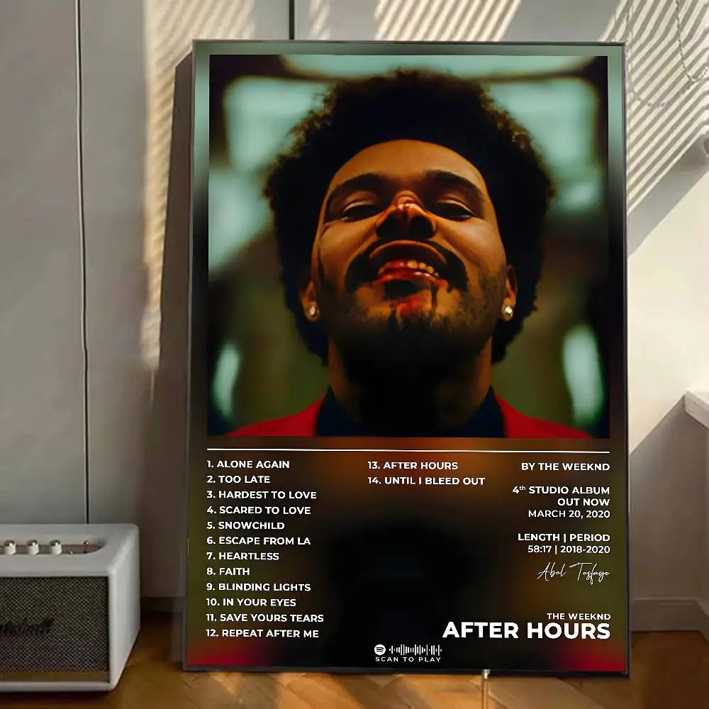 A framed poster gallery print of The Weeknd after hours album with warm lighting and adhesive home decor decals